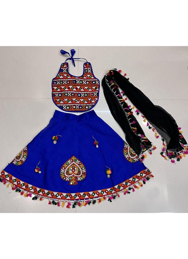 Art Silk Royal Blue Navratri Wear Kutchi Work Readymade Kids Lehenga Choli